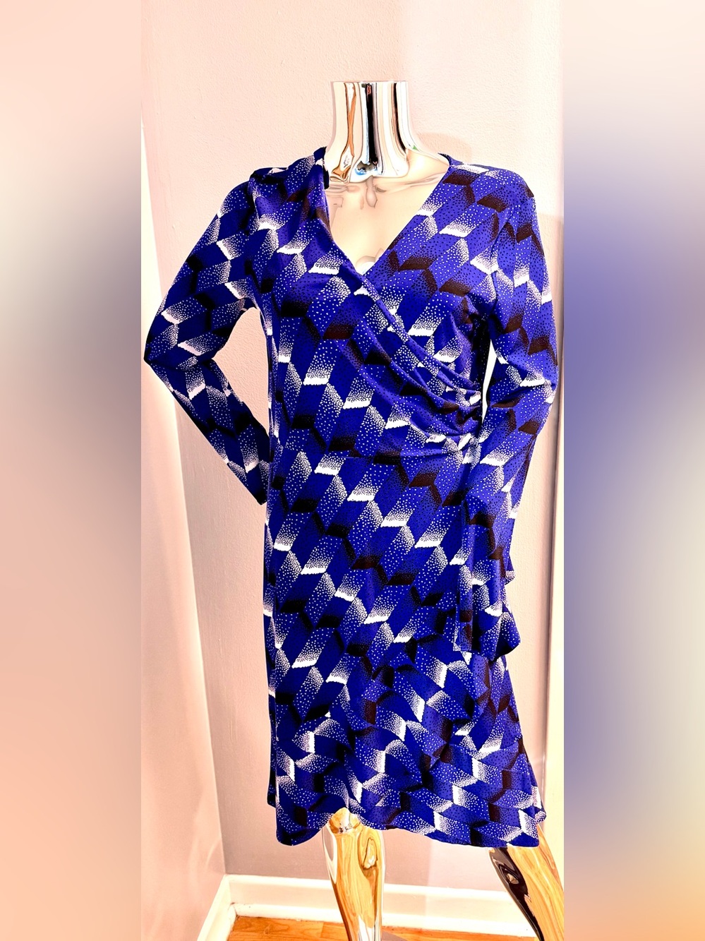 Covington Cobalt Blue Geometric Print Faux wrap dress M